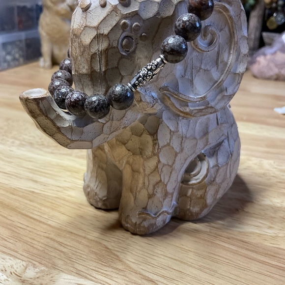 Coffee Brown Snowflake Jasper 8mm Beaded Bracelet with Flower Scroll Bead - Picture 4 of 5